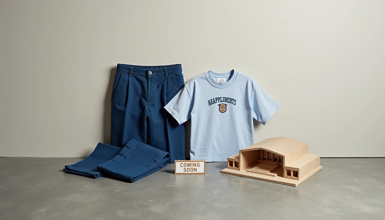 Indigo trousers Braves tee and PCM model in triangle layout