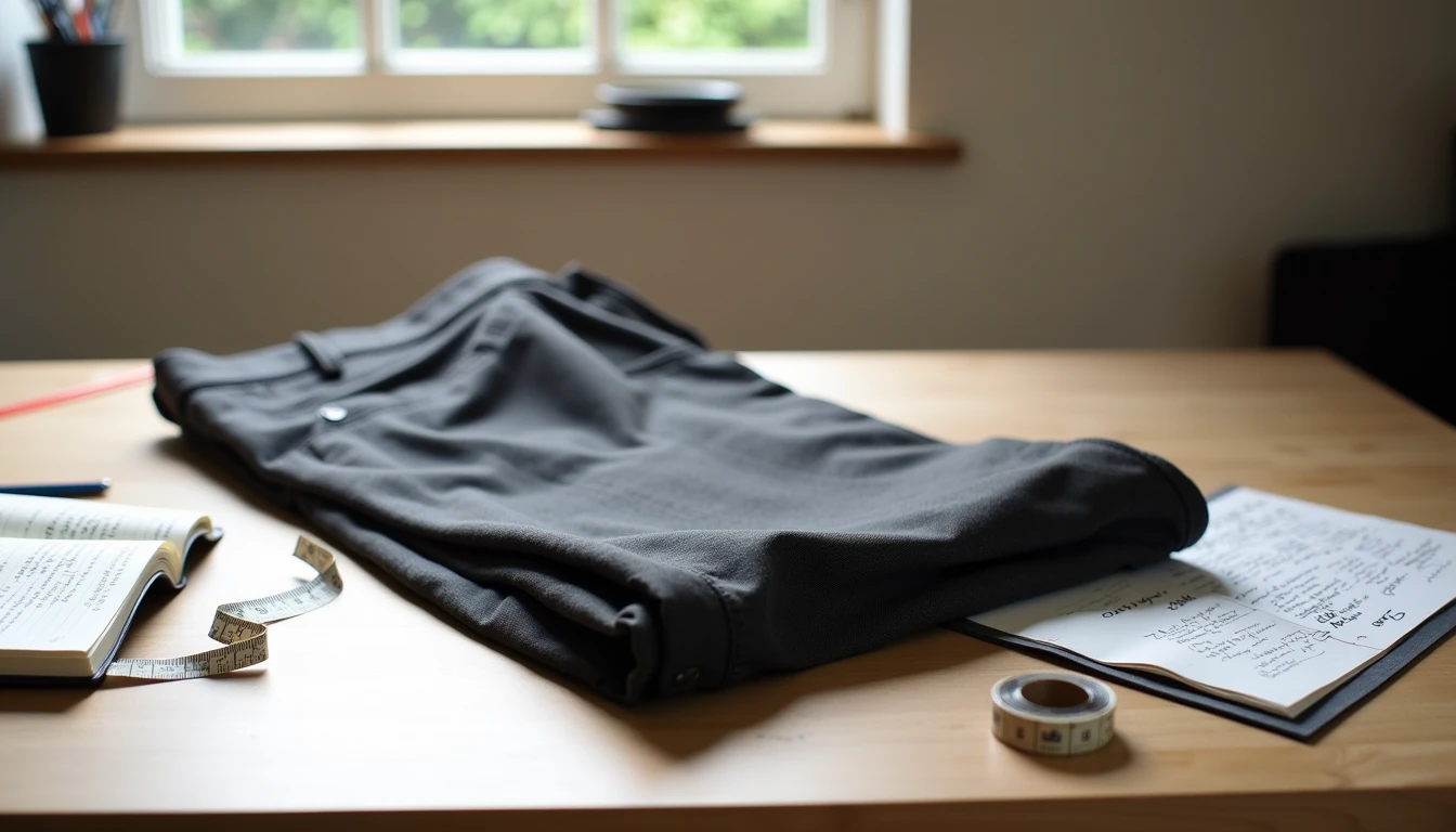 Folded trousers fabric swatch tape measure and notebook