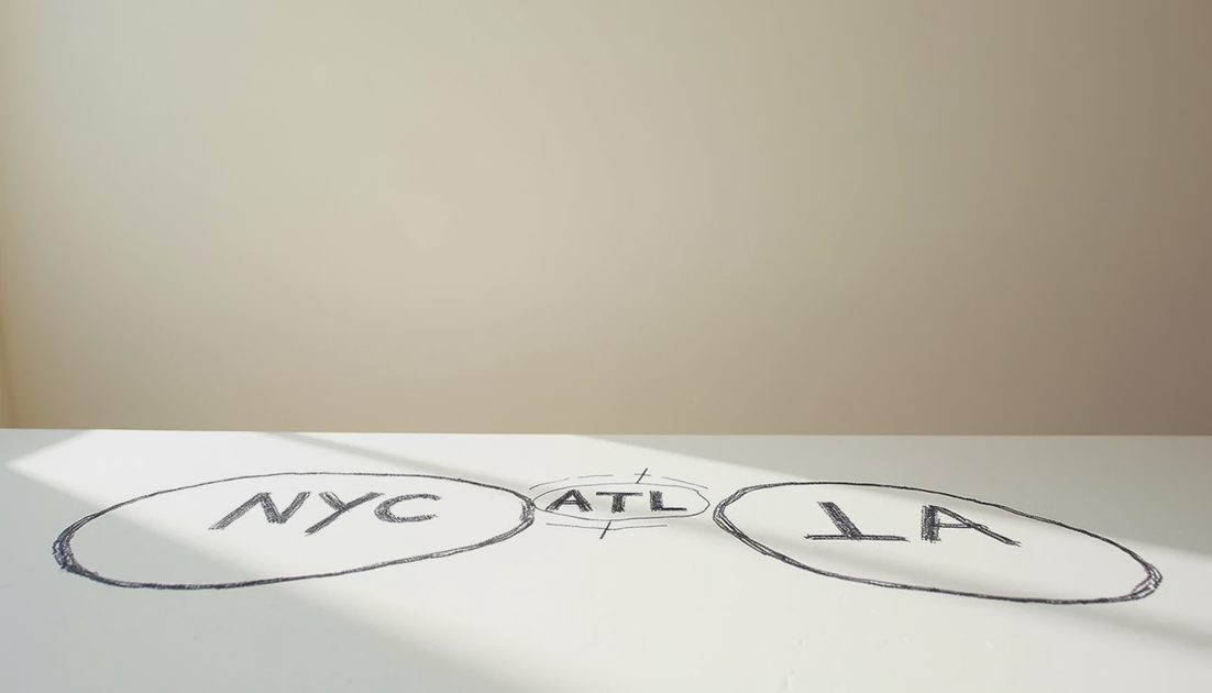 Hub-and-Spoke Coverage Pencil diagram of two hubs and one spoke city
