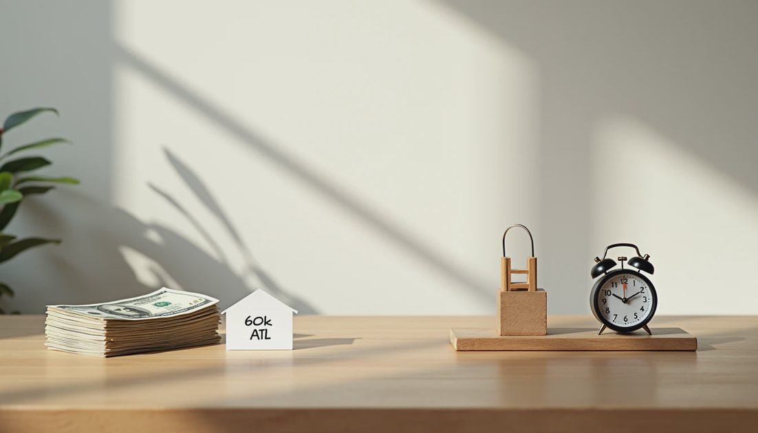 Economics and Risk Side by Side Money and house symbol next to broken ladder and late clock