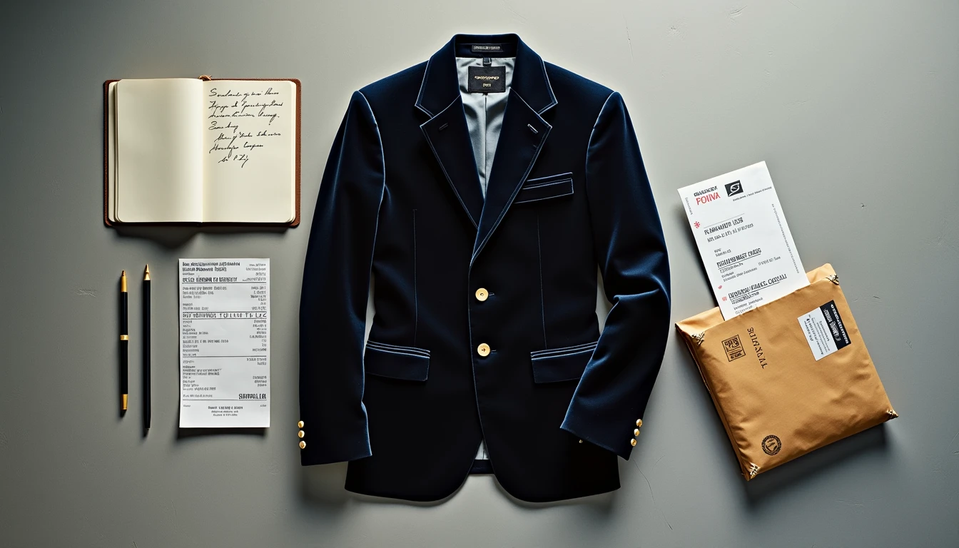 Vintage blazer with notebook boarding pass and shipping envelope