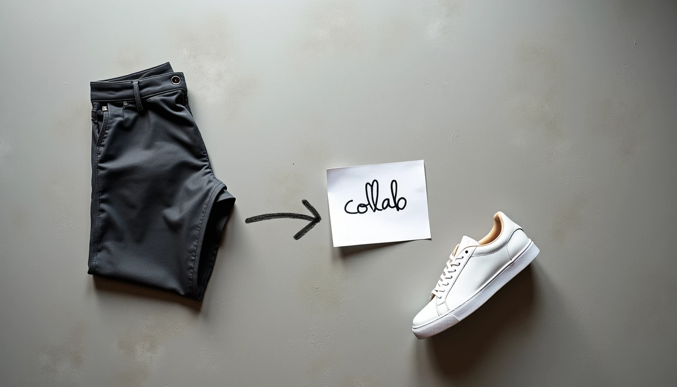 Charcoal trouser folded next to a white leather sneaker
