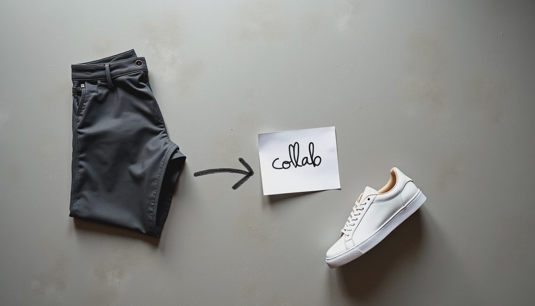 Menswear Meets Sneaker Collab Charcoal trouser folded next to a white leather sneaker
